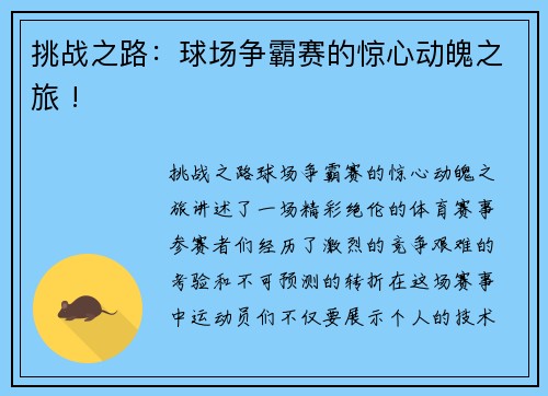 挑战之路：球场争霸赛的惊心动魄之旅 !